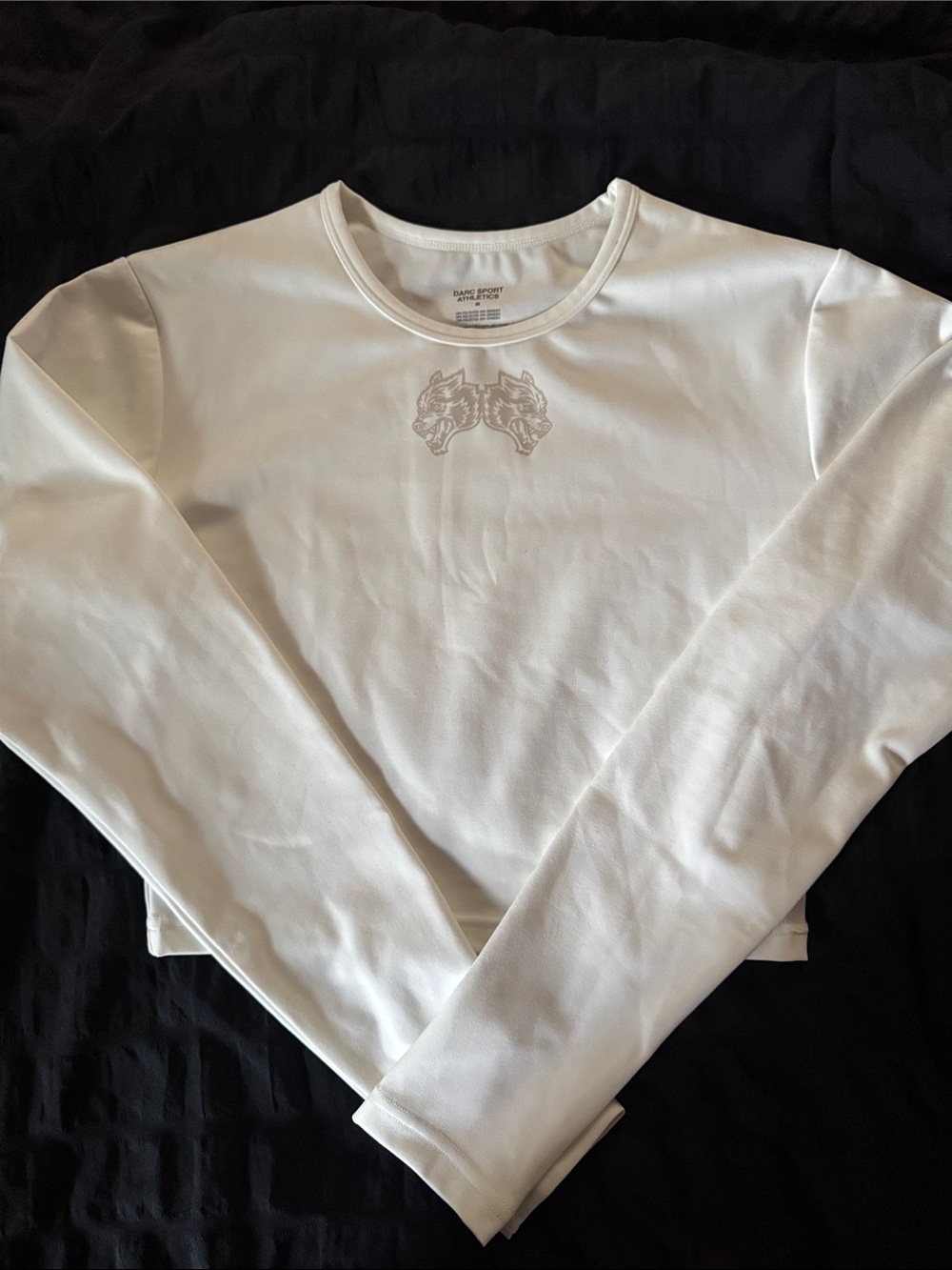 White Long Sleeve Graphic Crop Top - Twin Wolf Motif